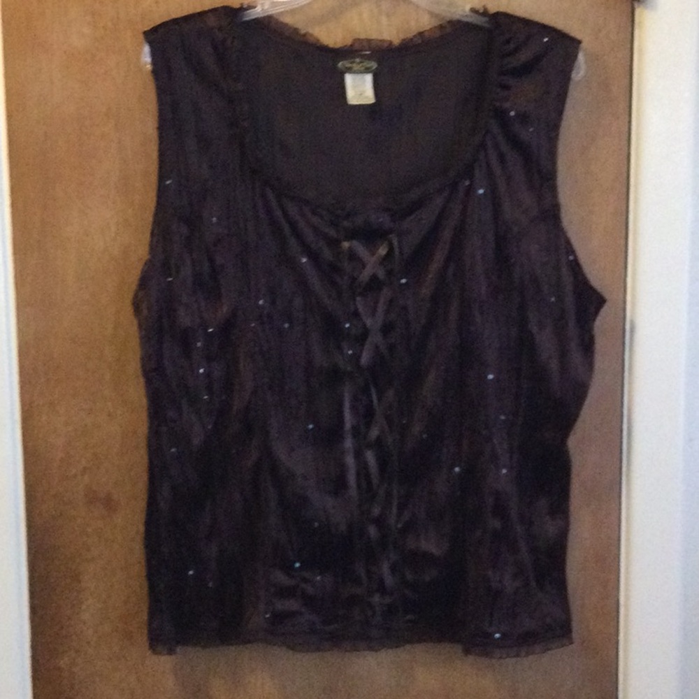 Rich Brown Sequin Tie Front Sleeveless Blouse/Tank Top